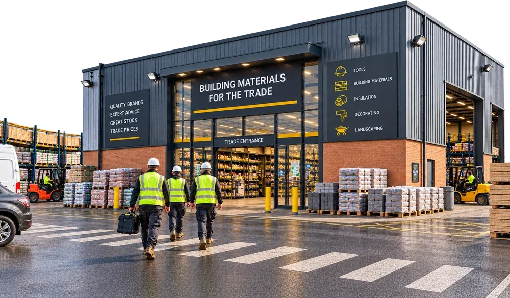 Contractors in hi-vis walking into a building materials trade merchant