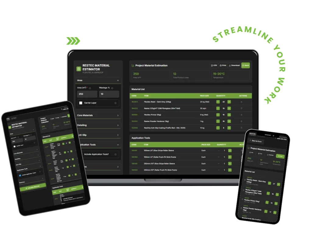 RESTEC Materials Estimator shown on desktop, tablet and mobile